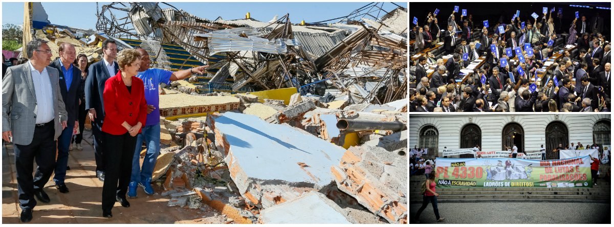 Pressionada por alas da esquerda, presidente se posiciona e sinaliza que pode vetar o projeto que regulamenta a terceirização aprovado pela Câmara na semana passada; durante visita a municípios devastados por um tornado em Santa Catarina, Dilma Rousseff declarou haver uma "área cinzenta" na terceirização no Brasil, e que precisa ser regulamentada, mas que "isso não pode significar em perda de direitos trabalhistas relevantes conquistados ao longo do tempo e nem pode significar o não pagamento de impostos"; "O governo acha que tem de ter equilíbrio, que significa sobretudo que você não elimine a diferença entre atividades fins e meio para todas as atividades existentes em uma economia", afirmou Dilma