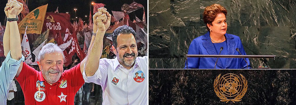 Ao participar de um comício em Ceilândia (DF), em apoio à reeleição de Agnelo Queiroz no Distrito Federal, o ex-presidente Lula disse ter sentido "orgulho" da presidente Dilma Rousseff, com seu discurso feito na quarta-feira, na abertura da Assembleia-Geral das Nações Unidas; "Eu fiquei orgulhoso com o discurso da Dilma na ONU, o Brasil saiu do Mapa da Fome, mas os jornais disseram que ela foi lá na ONU fazer política e campanha", afirmou Lula; "Nós não podemos brincar porque a imprensa é o maior partido de oposição que temos hoje. Se o Brasil que eles descrevem todo dia fosse verdade, o País teria acabado"; discurso foi criticado por adversários políticos e também revoltou a direita brasileira, que acusou a presidente Dilma de se colocar ao lado dos terroristas do Estado Islâmico