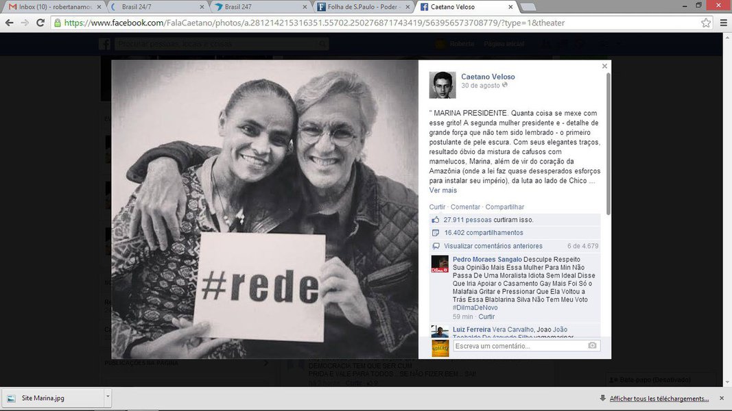Compositor Caetano Veloso foi atacado por internautas por post afirmando que sentirá orgulho ao ver o rosto da candidata Marina Silva representando o País: “Decepção! Admirava Caetano!”; ‘"descurti' Caetano’; “politicamente zero à esquerda”; "Caetano, você é um babaca! Otário revolucionário sem causa nenhuma!"
 