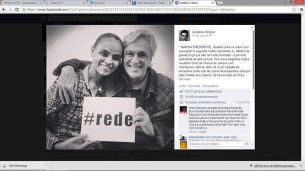 Compositor Caetano Veloso foi atacado por internautas por post afirmando que sentirá orgulho ao ver o rosto da candidata Marina Silva representando o País: “Decepção! Admirava Caetano!”; ‘"descurti' Caetano’; “politicamente zero à esquerda”; "Caetano, você é um babaca! Otário revolucionário sem causa nenhuma!"
 