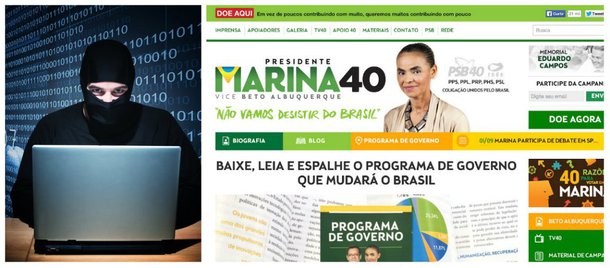 Site da campanha da presidenciável do PSB, Marina Silva, sofreu dois ataques: o primeiro ocorreu no sábado e deixou a página inativa por uma hora, entre 21h e 22h; e o segundo, no domingo, ficando cerca de 20 minutos fora do ar no começo da tarde; assessoria da candidata afirmou que medidas judiciais estão sendo providenciadas para apurar a origem da ação, classificada como “criminosa e antidemocrática”