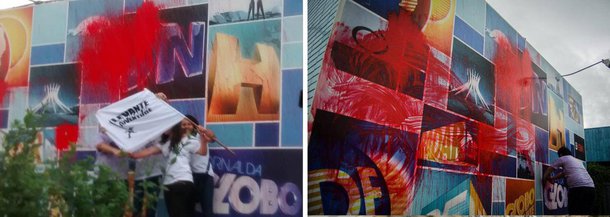 O Levante Popular da Juventude jogou tinta vermelha na sede da Globo em Brasília, em referência ao sangue de brasileiros derramado pela ditadura; o ato em Brasília contou com a participação de 500 pessoas, com apoio do MST, do movimento democratização da comunicação, diversos sindicatos e entidades estudantis