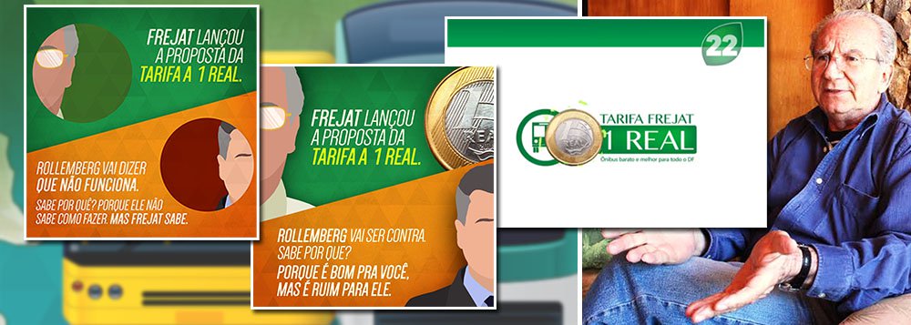 Com o jingle "Eu ando de ônibus e vai melhorar, agora vou ter a Tarifa Frejat", o candidato do PR apresentou no horário político de ontem (16) os detalhes de sua proposta para redução de tarifas dos ônibus em todo o DF para somente R$ 1; nas redes sociais, o ex-secretário de saúde ataca o adversário Rollemberg (PSB) dizendo que o senador será contra por não ter experiência; o candidato do PSB, que defende o bilhete único, chamou a iniciativa de "eleitoreira"