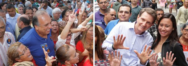 Nova pesquisa Ibope divulgada nesta segunda (20) mostra crescimento de Luiz Fernando Pezão (PMDB) na disputa pelo governo do Rio; ele agora tem 56% dos votos válidos contra 44% de Marcelo Crivella (PRB); no levantamento anterior do instituto, divulgado na quinta (16), Pezão tinha 54% e Crivella, 46%