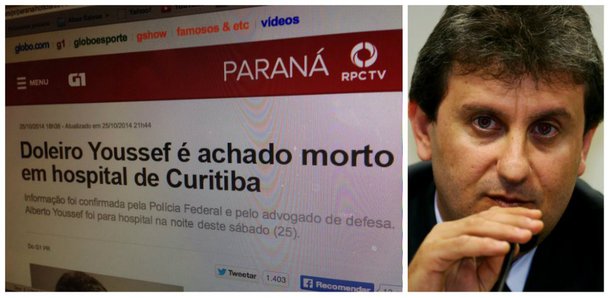 Chamada de destaque do site forjado afirma que Alberto Youssef foi encontrado morto em hospital de Curitiba; revista Veja desta semana divulgou matéria afirmando sem provas que em depoimento o doleiro afirmara que a presidenta Dilma Rousseff e o ex-presidente Lula sabiam do esquema de corrupção na Petrobras; PF divulgou nota há pouco informando que ele passa bem e que permanecerá hospitalizado por 48 horas