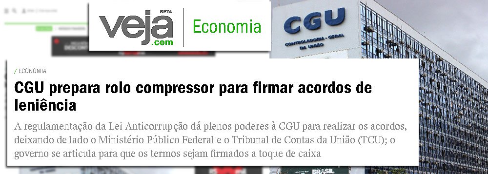 Em relação à matéria publicada neste sábado (21) no site da revista Veja, a Controladoria-Geral da União esclarece que 'o governo não busca “destravar a leniência o quanto antes para evitar a quebradeira das empresas”, conforme afirma a matéria, e nem está trabalhando por uma operação de salvamento em bloco das grandes empresas': "a CGU apenas aceitará firmar acordo de leniência caso a empresa interessada colabore efetivamente com as investigações e promova a reparação integral do dano causado à administração"