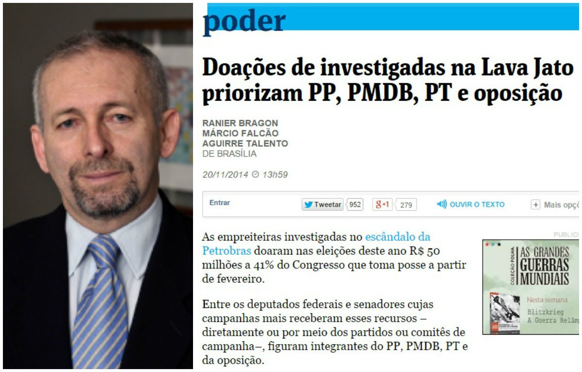 Jornalista Luciano Martins Costa diz que "tentativa de concentrar as acusações no núcleo governista ganha um caso patético" na Folha de S. Paulo, que protege a oposição; em artigo, ele questiona: "Alguém pode imaginar um título como 'Aécio Neves foi financiado por empresas investigadas na Lava Jato'? Ou 'José Serra também recebeu doações de empreiteira na Lava Jato'?"