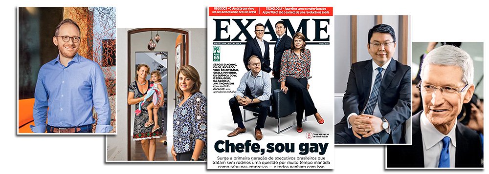 "Chefe, sou gay" é a chamada da nova capa da revista da Editora Abril, que vem repercutindo positivamente desde ontem nas redes sociais; "APLAUSOS à Exame. Tem que ter coragem e pioneirismo pra fazer a coisa certa", escreve um leitor; "Parabéns a revista pela coragem em trazer à tona um tema extremamente atual e relevante", comenta outro; reportagem apresenta a "primeira geração de executivos brasileiros que tratam sem rodeios uma questão por muito tempo mantida como tabu nas empresas"