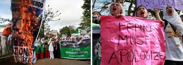 Muçulmanos de vários países protestaram nesta sexta (16), contra o jornal francês Charlie Hebdo, que acusam de blasfemar contra o Islã e ridicularizar o profeta Maomé; a sexta-feira é um dia sagrado de oração e descanso para o Islamismo; protestos mais graves aconteceram na República do Níger, na África Ocidental; em Zinder, a segunda principal cidade do país, igrejas foram incendiadas, lojas invadidas e um centro cultural francês depredado