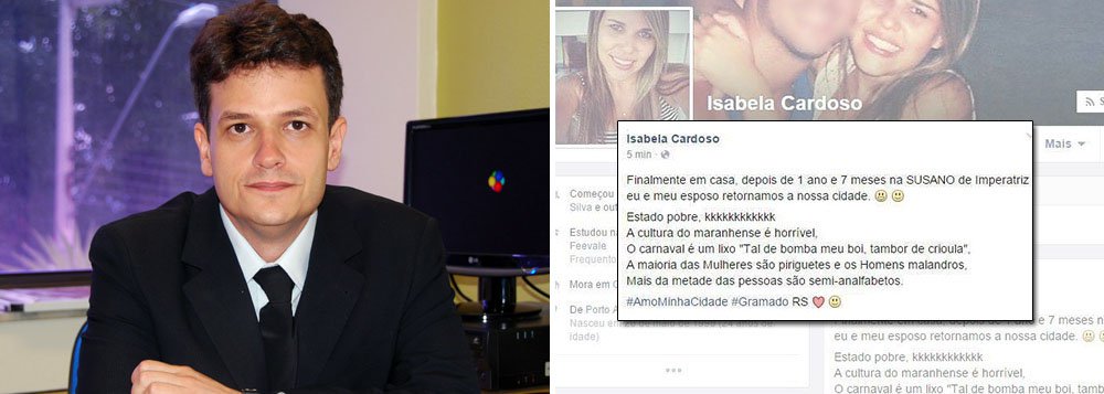 O perfil usado no Facebook para compartilhar uma mensagem preconceituosa contra os maranhenses pode ser falso; de acordo afirma o promotor de Justiça de Imperatriz, Joaquim Júnior; a foto usada no perfil seria de uma mulher que mora no Rio de Janeiro e que já teria entrado em contato para afirmar que não possui qualquer participação no ocorrido; se confirmada a existência do perfil falso, a investigação se tornará imprescindível por se constatar a prática de outro crime