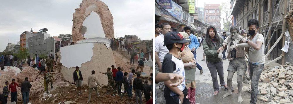 O terremoto de 7,9 graus na escala Richter, que atingiu o Nepal ao meio-dia de hoje (25), no horário local, provocou a morte de 876 pessoas, segundo a agência de notícias France Presse. O número de mortos na Índia chega a 12, com 6 mortos em desabamentos de casas em Uttar Pradesh e 6 em Bihar, ao leste, segundo funcionários do governo. Mas o número de vítimas deve subir, pois há muitos feridos nos dois países; após o terremoto, uma avalanche no Monte Everest matou outras 11 pessoas e cobriu parte da base para os alpinistas com destino ao local