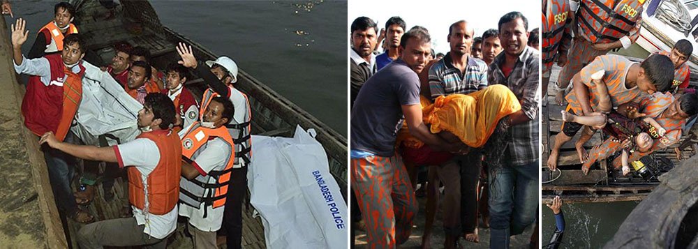 Um ferry boat superlotado naufragou neste domingo, 22, no Rio Padma, no centro de Bangladesh, depois de se chocar com um navio de carga, causando a morte de 41 pessoas; incluindo 11 crianças; "Os mortos incluem 11 crianças e sete mulheres", informou a polícia local; sobreviventes disseram que o ferry boat MV Mostofa estava com 70 a 150 passageiros a bordo, quando virou; um dos países mais pobres da Ásia, cortado por mais de 230 rios