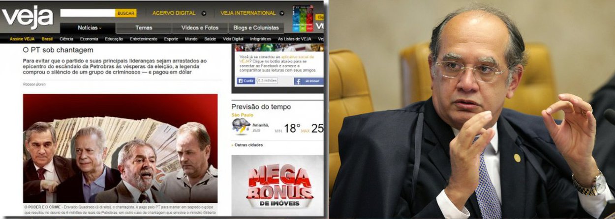O ministro Gilmar Mendes, do Supremo Tribunal Federal (STF), concedeu liminar para anular decisão do Tribunal Superior Eleitoral que concedeu direito de resposta ao PT na próxima edição da revista Veja; no dia 25 de setembro, por unanimidade, o TSE determinou a publicação do texto por entender que a reportagem PT sob chantagem, publicada no dia 13 de setembro, na edição impressa da revista, veiculou conteúdo ofensivo; voto de Gilmar anulou o placar de 7 a 0 do TSE contra a revista da Marginal Pinheiros; procurador-geral, Rodrigo Janot, também havia sido favorável ao direito de resposta