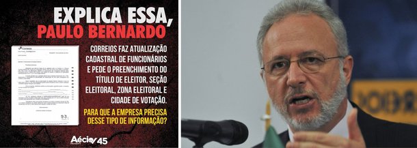 Postagem distribuída pela Rede 45, que apoia o senador Aécio Neves (PSDB-MG), acusou os Correios de exigir que os funcionários revelassem dados do seu cadastro eleitoral; em nota, empresa presidida por Wagner Pinheiro esclarece que "a carta verdadeira enviada pelos Correios já traz os dados eleitorais do empregado e solicita que sejam verificadas eventuais divergências com os dados constantes na base do Tribunal Superior Eleitoral"; leia a íntegra