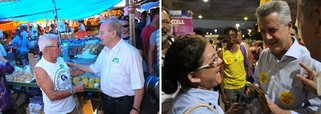 Os candidatos ao governo do Distrito Federal dedicaram o sábado ao corpo a corpo com os eleitores; Enquanto o do PR, Jofran Frejat, visitou uma feira no Gama, Rodrigo Rollemberg (PSB) foi ao Mercado Norte, em Taguatinga; Frejat ouviu reivindicações dos trabalhadores sobre as condições precárias de trabalho no local e Rollemberg prometeu, se eleito, combater a burocracia facilitando a emissão de alvarás para pequenos empresários