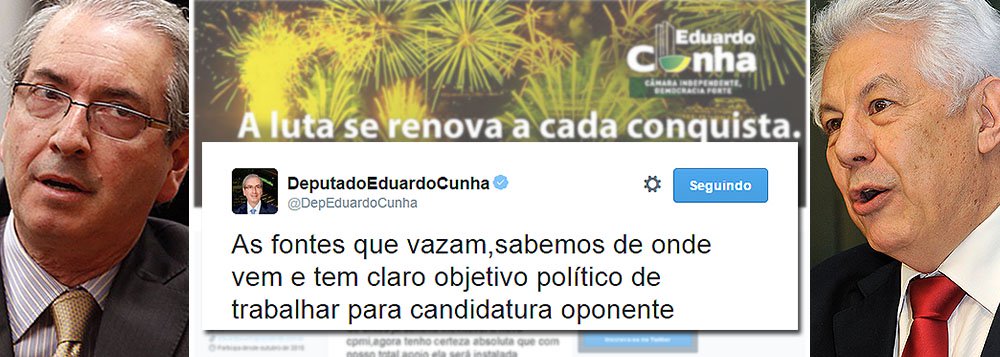 "É claramente uma tentativa política de atacar a minha candidatura, visando a criar constrangimentos para contrários se beneficiarem", escreveu deputado federal Eduardo Cunha (PMDB-RJ) no Twitter, sobre a divulgação de que deve ser alvo de inquérito da Procuradoria por suposta ligação com o esquema montado por Alberto Youssef; favorito na disputa pela presidência da Câmara, ele faz referência a Arlindo Chinaglia (PT-SP); doleiro afirma ter repassado verba em dinheiro ao parlamentar