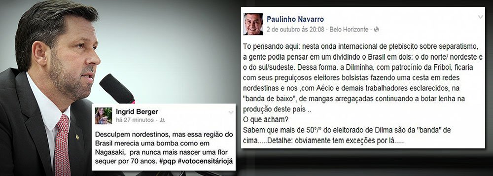 Coordenador jurídico da coligação Muda Brasil, do candidato Aécio Neves (PSDB), deputado federal Carlos Sampaio anunciou em nota que "diante do crescente aumento das manifestações de cunho racistas e discriminatórios em relação aos cidadãos nordestinos do país, junto às redes sociais na internet", coligação apresentou à Procuradoria no DF pedido de investigação e "responsabilização de todos os autores destes crimes"; polêmica começou depois que FHC chamou o eleitor petista de "menos informado"