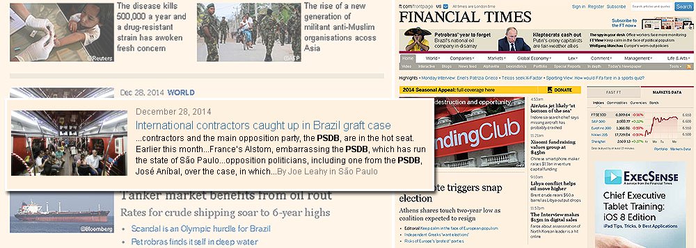 Reportagem do jornal britânico Financial Times afirma que a corrupção não pode ser atribuída somente ao PT, mas é um desafio de todo o País; na matéria é citado o suposto esquema de corrupção na compra de trens envolvendo governos tucanos de São Paulo; segundo o veículo, isso “constrange o PSDB, que governa o Estado de São Paulo há 20 anos”; o texto diz que a legenda tucana também está "na berlinda"