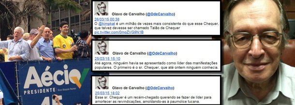 Olavo de Carvalho, um dos mais radicais expoentes da extrema direita no Brasil, acusa Rogério Chequer, um dos líderes do movimento 'vemprarua', de tentar amoldar as reivindicações do 15 de março ao que chamou de "paumolice tucana"; para o guru neocon, ele deveria ser chamado de 'Talão de Chequer'