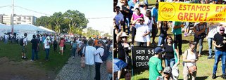 A greve dos professores e funcionários das escolas estaduais do Paraná chega ao segundo dia nesta terça-feira (10) com a adesão de 100% da categoria; a informação é do APP-Sindicato; os trabalhadores são contra um pacote de medidas do governo Beto Richa que afeta as carreiras dos educadores; entre as reivindicações da categoria estão o pagamento de benefícios atrasados e a reabertura dos turnos fechados no fim de 2014; a greve prejudica quase um milhão de alunos