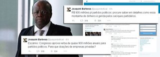 Ex-presidente do STF Joaquim Barbosa criticou, no Twitter, do fundo partidário como “escárnio” e questionou: “Para que doações de empresas privadas?”: “R$ 900 milhões para partidos políticos: procure saber em detalhes como essa montanha de dinheiro é gerida pelos caciques partidários”, completou; decisão da presidente Dilma Rousseff de manter o aumento levou em consideração as consequências da Lava Jato