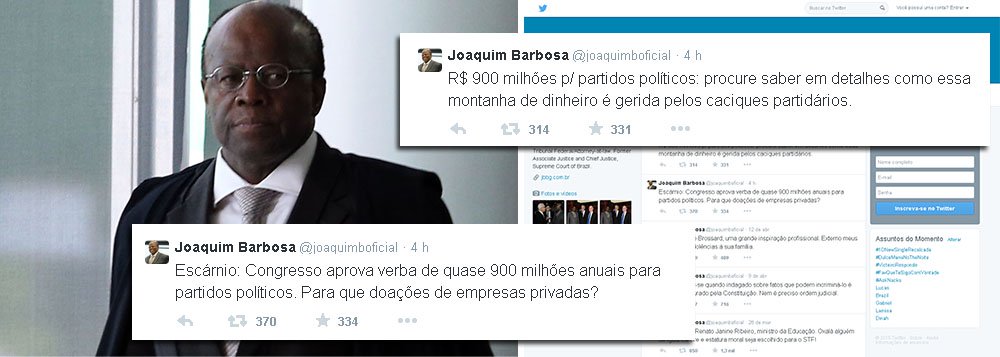 Ex-presidente do STF Joaquim Barbosa criticou, no Twitter, do fundo partidário como “escárnio” e questionou: “Para que doações de empresas privadas?”: “R$ 900 milhões para partidos políticos: procure saber em detalhes como essa montanha de dinheiro é gerida pelos caciques partidários”, completou; decisão da presidente Dilma Rousseff de manter o aumento levou em consideração as consequências da Lava Jato