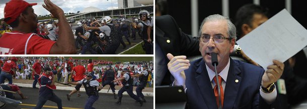 Após confronto entre manifestantes e a Polícia Legislativa em Brasília, a votação do projeto de lei que amplia a terceirização em empresas e órgãos públicos ficou para esta quarta (8); atos contra a lei da terceirização foram organizadas por entidades sindicais em diversas capitais do país; o presidente da Câmara, Eduardo Cunha (PMDB-RJ), acusou os manifestantes de serem os responsáveis pelo confronto e disse ter fotos e vídeos de congressistas incitando a multidão contra a polícia