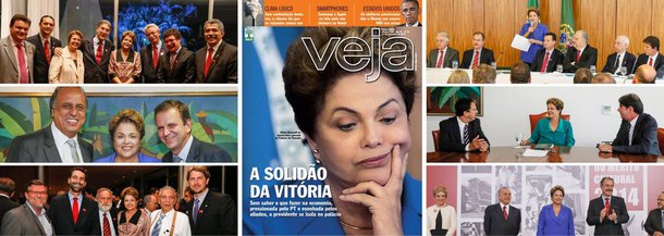 A primeira semana da presidente Dilma Rousseff após as férias na base naval de Aratu, na Bahia, foi frenética; ela recebeu governadores eleitos, como Fernando Pimentel e Luiz Fernando Pezão, deputados, senadores e políticos empenhados em montar novas frentes de apoio no Congresso, como o governador cearense Cid Gomes e o ex-prefeito de São Paulo, Gilberto Kassab; para Veja, no entanto, ela estaria presa em seu labirinto, experimentando agora a "solidão da vitória"; na verdade, quem buscou o isolamento foi a Editora Abril, com seu radicalismo e sua tentativa de golpe contra a democracia