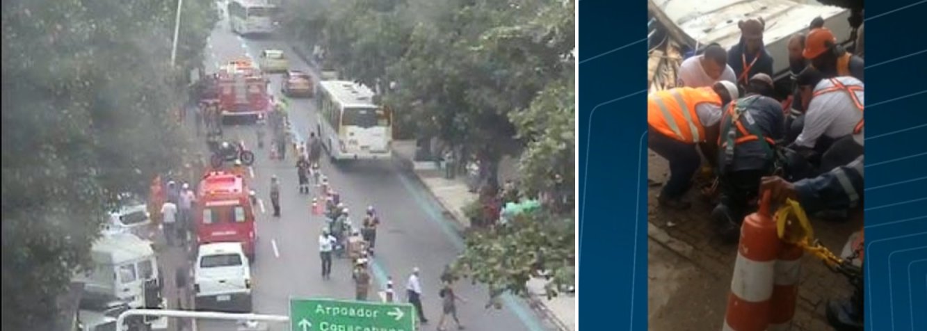 Os bombeiros do quartel de Copacabana estão em Ipanema, onde peças de concreto do canteiro de obras da Linha 4 do metrô que estavam estocadas no local desabaram; o acidente feriu uma pessoa e provocou a interdição de parte da Rua Visconde de Pirajá, uma das principais vias do bairro que liga o Leblon a Copacabana, na zona sul da cidade