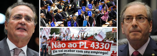 Depois da vitória do presidente da Câmara, Eduardo Cunha, com a aprovação ontem do projeto que regulamenta a terceirização, o presidente do Senado voltou a prometer que não deixará passar pela Casa uma proposta que ameace direitos trabalhistas; "Renan tem ouvido fino para as ruas – onde os sindicatos devem engrossar suas manifestações contra este retrocesso, e não diz nada sem tomar o pulso da Casa que preside. Teremos então, em breve, uma queda de braço entre ele e o presidente da Câmara, Eduardo Cunha, que é o grande vitorioso com a votação de ontem. Isso pode mudar as coisas dentro do PMDB, e quando o PMDB se divide, fica mais fácil para o governo administrar aquele condomínio", avalia Tereza Cruvinel, colunista do 247; leia a íntegra
