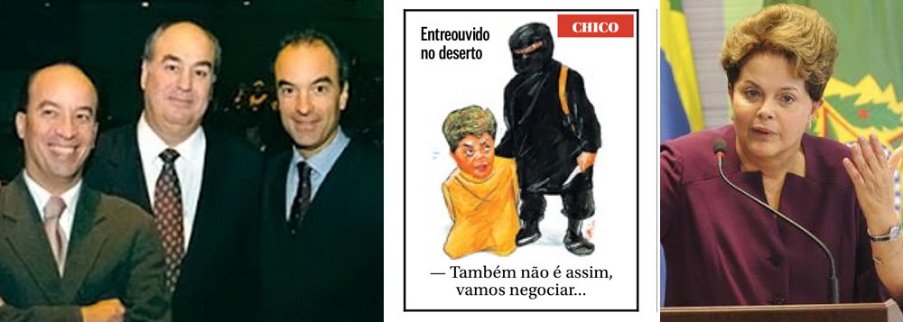 Charge principal do jornal dos irmãos José Roberto, Roberto Irineu e João Roberto Marinho mostra a presidente Dilma Rousseff prestes a ser degolada pelo Estados Islâmico; feita pelo cartunista Chico Caruso, a 'arte' não parece contextualizada com nenhum fato atual e nem indica quem seria o terrorista que empunha a lâmina; em meio ao clima de radicalização política no País, estimulado por setores da imprensa, fica no ar a dúvida: trata-se de um desejo secreto da família midiática mais rica e poderosa do mundo?