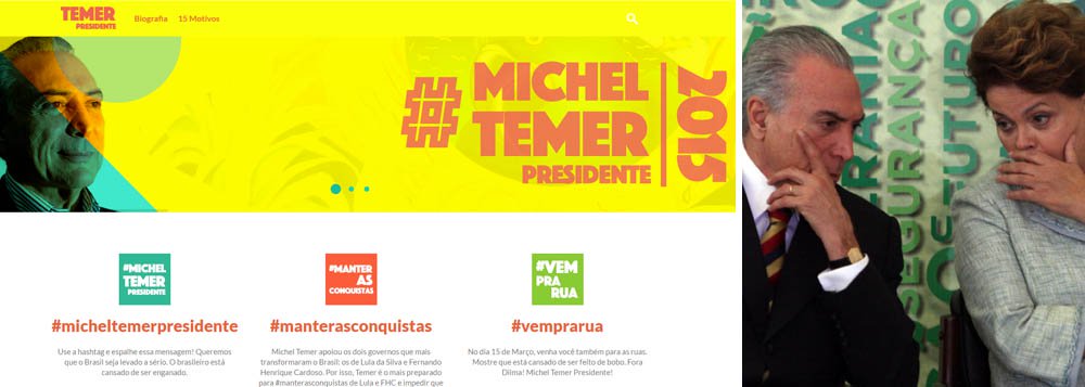 Uma página na internet, sem identificação de autores, defende que o vice-presidente da República Michel Temer (PMDB) assuma o comando do país no lugar da presidente Dilma Rousseff; o site apresenta 15 motivos para que o vice seja colocado no lugar da petista; "tem legitimidade, faria a transição democrática, sabe trabalhar pela governabilidade, representa o fim da impunidade e tem o partido unido" são alguns dos pontos; a página defende o "Fora Dilma", convida as pessoas para participarem dos protestos deste domingo (15) e afirma que Temer é o mais preparado para manter as conquistas dos governos FHC e Lula; nas redes sociais, a adesão ao movimento é quase nula