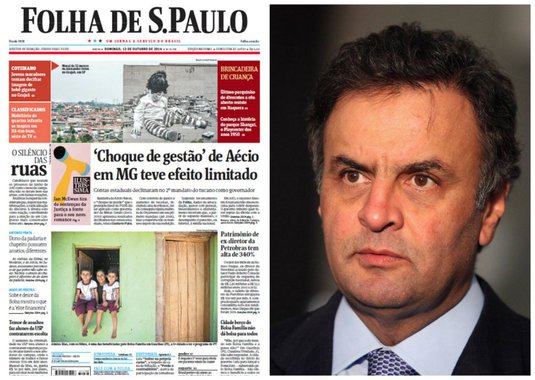 Jornal de Otavio Frias rebate ajuste de contas de Minas Gerais, exaltado pelo presidenciável tucano Aécio Neves: como governador, obteve rápida melhora do Orçamento em seu primeiro mandato (2003-2006), mas a trajetória não se manteve; Estado manteve dívida elevada e diminuiu espaço para obras
