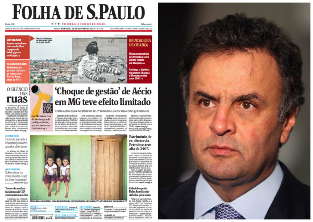 Jornal de Otavio Frias rebate ajuste de contas de Minas Gerais, exaltado pelo presidenciável tucano Aécio Neves: como governador, obteve rápida melhora do Orçamento em seu primeiro mandato (2003-2006), mas a trajetória não se manteve; Estado manteve dívida elevada e diminuiu espaço para obras