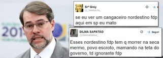 São incontáveis os textos que pregam na internet a separação do Brasil e o xingamento de "jumentos" e "burros" a nordestinos, que votaram em peso na reeleição da presidente Dilma; internautas criticam "estados de cima", e se esquecem que o Sudeste ficou empatado; presidente do TSE, ministro Dias Toffoli condenou manifestações discriminatórias; segundo ele, é preciso que se aceite o resultado das urnas e "é importante que a sociedade volte a estar unida"