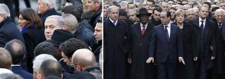 Apesar de a França pedir para que o primeiro-ministro de Israel não fosse à manifestação que reuniu líderes europeus neste domingo, Benjamin Netanyahu, o maior terrorista global da atualidade, esteve presente na marcha; de acordo com a imprensa israelense, o governo francês ficou irritado com a insistência de Netanyahu; jornais locais atribuem sua participação à campanha eleitoral em curso no país; ele fez ainda um discurso divisionista, chamando os judeus da França a irem morarem em Israel; o premiê é responsável por ordenar ataques contra Gaza que deixaram mais de dois mil mortos em 2014