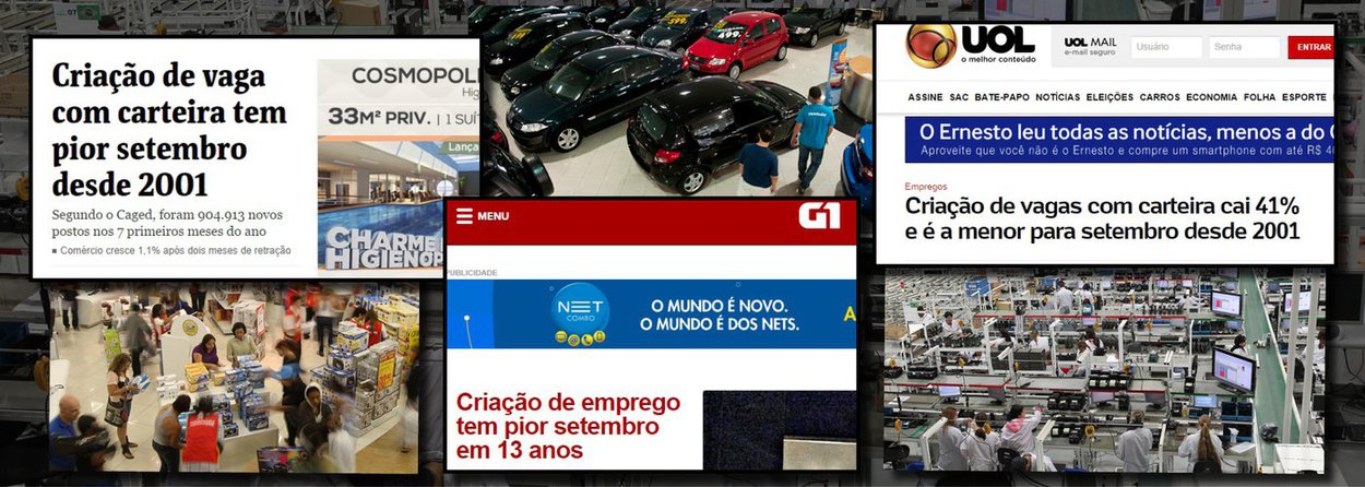 Dados oficiais do Caged são mostrados com sinal contrário; adiantando linha dos jornais da quinta-feira 16, portais destacam queda de 41% na criação de empregos formais no País em setembro sobre agosto; acento mostra que resultado é o pior desde setembro de 2001, quando foram abertas 80 mil vagas; mas criação de 123.870 mil postos formais de trabalho no mês passado eleva soma de novos empregos este ano para 904 mil; meta de 1 milhão traçada pelo Ministério do Trabalho perto de ser batida; presidente Dilma Rousseff pode exibir criação de 6 milhões de vagas na gestão; de que lado você olha? 