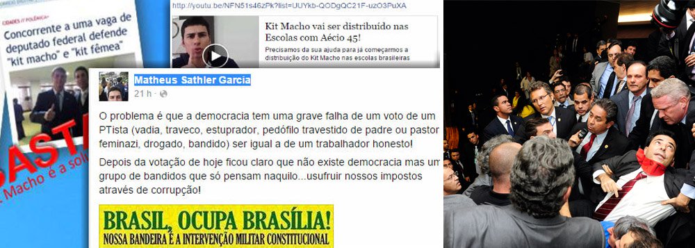 Blogueiro Fernando Brito apresenta o perfil do público que invadiu as galerias do Congresso para fazer baderna nessa semana; um deles era Matheus Sathler Garcia, candidato do PSDB a deputado federal nas últimas eleições, que não foi eleito, mas ficou conhecido por defender o "kit macho", que "ensina meninos a gostar somente de mulheres", é favorável à intervenção militar, quer troca do Bolsa Família para o Bolsa Empresário e chega até a defender Hitler