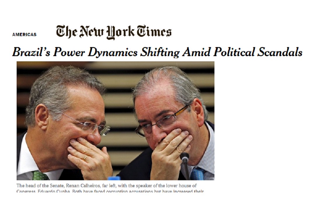 Jornal norte americano afirma que Renan Calheiros e Eduardo Cunha poderiam estar banidos da vida pública num país democrático, mas no Brasil comandam o Congresso e lideram a ofensiva contra a presidente Dilma Rousseff; texto diz que PMDB se articula para aumentar seu poder e força Dilma a fazer as vontades do partido; "Em cada momento do escândalo das propinas, os líderes do PMDB atuam para erodir o poder da esquerdista Dilma", diz o NYT