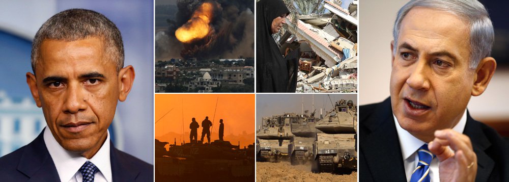 Governo americano justifica das mais diferentes maneiras ataques por ar e terra de tropas israelenses sobre população da faixa de Gaza; "Nós apoiamos completamente isso", disse titular do Departamento de Estado, John Kerry, sobre marcha à pretexto de fechar túneis transfronteiriços; ação de guerra já matou 435 palestinos, incluindo mulheres e crianças, em 13 dias ofensiva; Israel perdeu 18 soldados; este domingo 20 é particularmente sangrento, com 100 vítimas fatais entre a população atacada; primeiro-ministro sionista Benjamin Netanyahu joga de mão com presidente Barack Obama; tudo como dantes