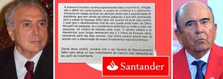 Banco espanhol sofre mais um prejuízo depois da lambança causada pelo envio de uma recomendação aos clientes contra a reeleição da presidente Dilma Rousseff; agora, o vice-presidente Michel Temer cancelou sua presença num evento que seria promovido pelo Santander no Rio de Janeiro; antes disso, prefeito de Osasco (SP), Jorge Lapas, cancelou convênio com o Santander; trapalhada motivou demissões internas no banco e um grande pedido de desculpas; ainda assim, clima com o Palácio do Planalto continua tenso