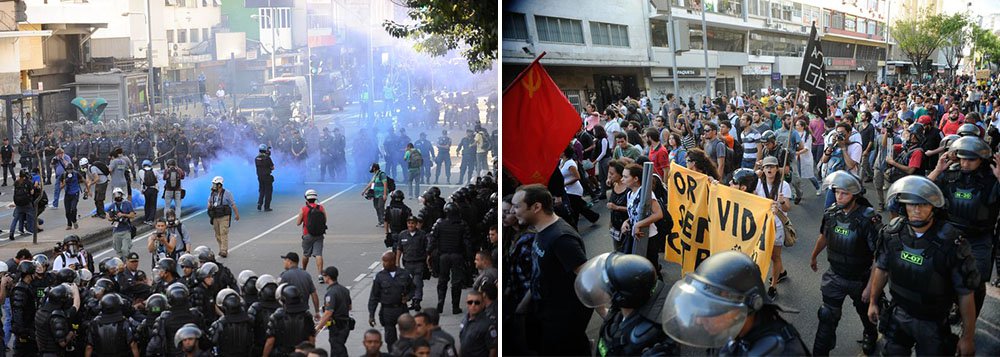 Polícia Militar determinou a prisão administrativa de quatro policiais suspeitos de agressão e roubo durante manifestação no último domingo 13, na Tijuca, zona norte do Rio; inquéritos foram abertos depois que vídeos e fotos divulgados na imprensa e mídias sociais flagraram soldados agredindo jornalistas e manifestantes