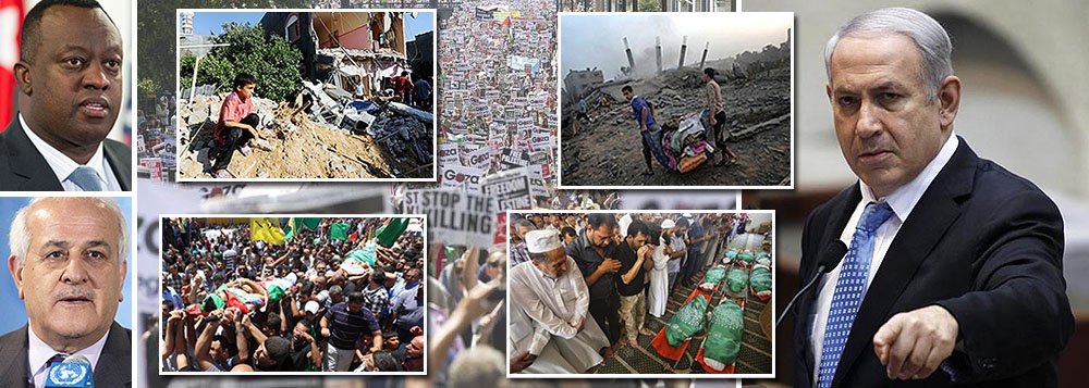 Genocida israelense Benjamin Netanyahu ficou ainda mais isolado depois que uma reunião de emergência do Conselho de Segurança das Nações Unidas exigiu um cessar-fogo imediato; ONU defende ajuda urgente aos milhares de feridos, segundo a declaração lida pelo presidente rotativo do Conselho, o embaixador de Ruanda, Eugene-Richard Gasana (à esq.); representante palestino na ONU, Riyad Mansur (abaixo), lamentou que o órgão não tenha sido capaz de aprovar uma resolução para condenar a "agressão" israelense