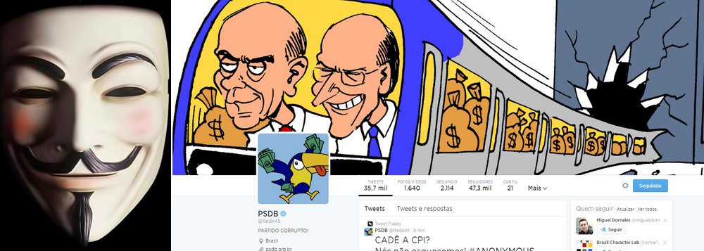 No Twitter, grupo hacker colocou imagens e o logo do partido com desenhos que faziam alusão ao escândalo do trensalão, esquema de cartel no Metrô e na CPTM durante governos tucanos em São Paulo; "O povo não esqueceu da roubalheira do metrô", escreveram, depois da conta invadida; foram haqueadas ainda as contas do partido no Facebook, no Youtube e no Instagram