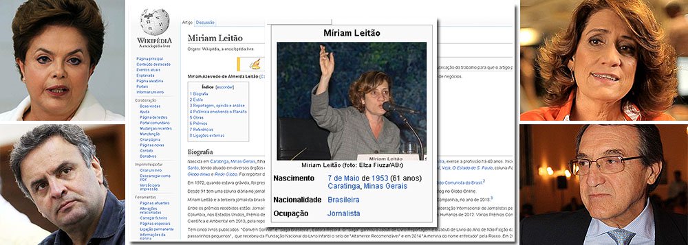 Em artigo sobre o caso Wikipédia, Paulo Moreira Leite se solidariza a Miriam Leitão, atacada a partir de um IP do Palácio do Planalto, mas critica sua leviandade ao apontar uma "política de estado" contra a chamada "imprensa livre" no País; "Por enquanto, falar que “este governo desde o princípio não soube lidar com as críticas, não entende e não gosta da imprensa independente” é insistir numa tese conveniente para a propaganda da oposição. Falta combinar com os fatos", diz ele; segundo o presidenciável Aécio Neves, caso seria prova de "autoritarismo" do Palácio do Planalto; presidente Dilma mandou investigar a autoria dos ataques a Miriam Leitão e Carlos Alberto Sardemberg