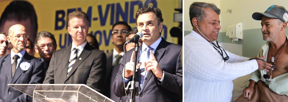 Durante encontro na Associação Médica de Brasília, presidenciável tucano afirmou que pretende acabar com o atendimento de médicos estrangeiros no Brasil e, questionado sobre os cubanos, disse que eles "têm prazo de validade" e ficarão "por três anos" no País; "O que eu pretendo é que não haja mais necessidade de médicos estrangeiros no Brasil. Ao longo do tempo, as nossas políticas, as nossas ações, permitirão que essas vagas sejam ocupadas por brasileiros", defendeu; Aécio Neves prometeu ainda "criar uma carreira nacional de médicos"