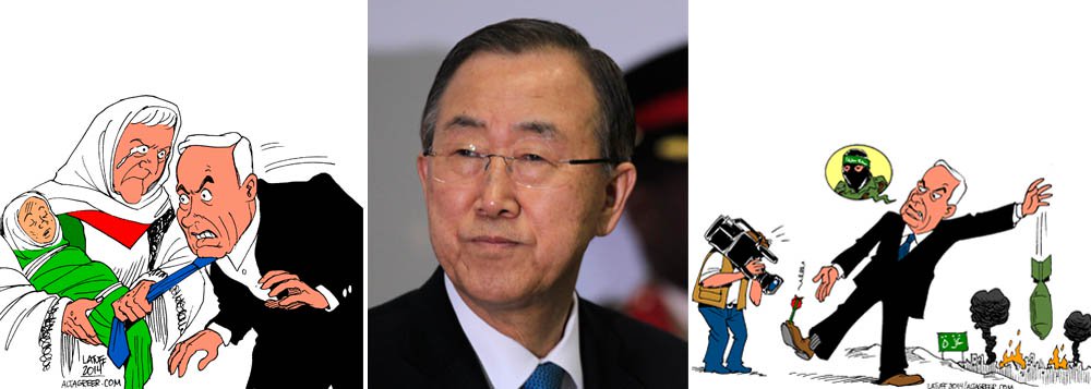 O secretário-geral das Nações Unidas, Ban-Ki-Moon, condenou neste domingo o que chamou de "terrível ataque" israelense na Faixa de Gaza, que deixou quase 100 mortos; ele disse ainda que o governo de Benjamin Netanyahu deve se esforçar mais para poupar vidas de civis; nas ilustrações, o cartunista Latuff retrata a morte de crianças palestinas e a reação desproporcional de Israel aos ataques do Hamas