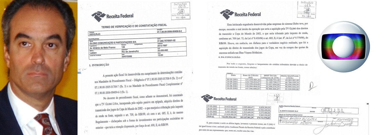 Processo da Receitaconclui que Globo usou 11 empresas em paraísos fiscais, em "intrincada engenharia", para sonegar impostos pela compra de direitos de transmissão da Copa do Mundo de 2002; furo do blog O Cafezinho desnuda esquema que, segundo conclusão do auditor fiscal Alberto Sodré Zile, "teve, por escopo, esconder o real intuito" da aquisição feita por braço global em paraíso fiscal das Ilhas Virgens; DARF, a ser recolhido por emissora de João Roberto Marinho e seus dois irmãos, é de R$ 358 milhões