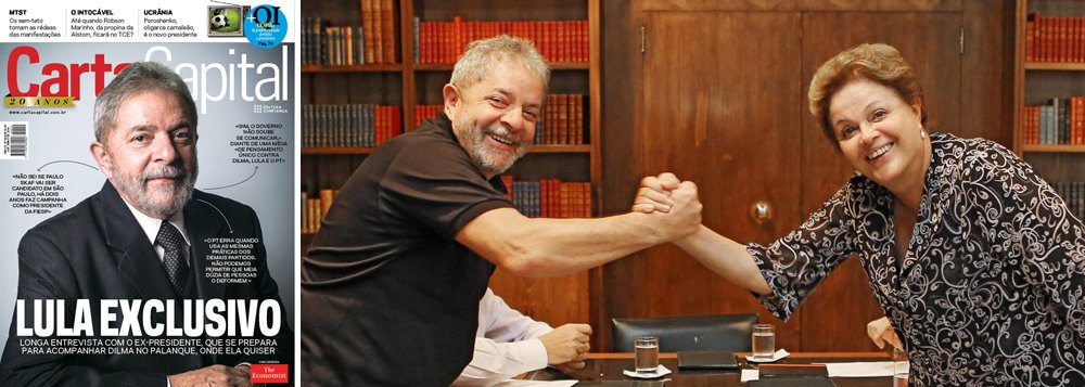 Em entrevista à revista Carta Capital, ex-presidente enaltece presidente Dilma Rousseff, elogia presidenciável Eduardo Campos e cutuca tucano Aécio Neves como "representante mais afinado com a elite"; "Estarei com Dilma no palanque onde ela quiser", disse Lula, de olho nos adversários: "Conheço o Aécio, ele não tem a mesma firmeza ideológica do Eduardo, tem outros compromissos"; quanto a si mesmo, apontou um caminho: "Se em algum momento, tiver de voltar, posso (voltar) daqui a quatro anos"; Lula não admite derrota de sua candidata e até escolhe o placar: "A ganhar no primeiro turno por 51% a 49%, prefiro ganhar no segundo por 65% a 35%"; seu partido levou uma dura: "O PT começa a entrar na mesmice dos outros"
