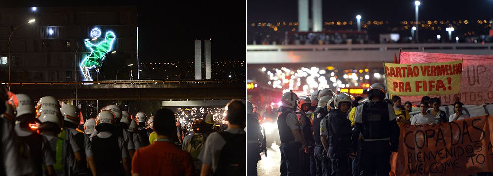 Manifestantes fizeram um protesto contra a Copa do Mundo no país; a concentração foi em frente ao Museu Nacional da República; de lá, os manifestantes - na maioria, jovens - partiram em direção à rodoviária e ocuparam parte das vias que compõem o Eixo Monumental; os organizadores estimam que 300 pessoas participaram do protesto; a Polícia Militar (PM) não informou estimativa